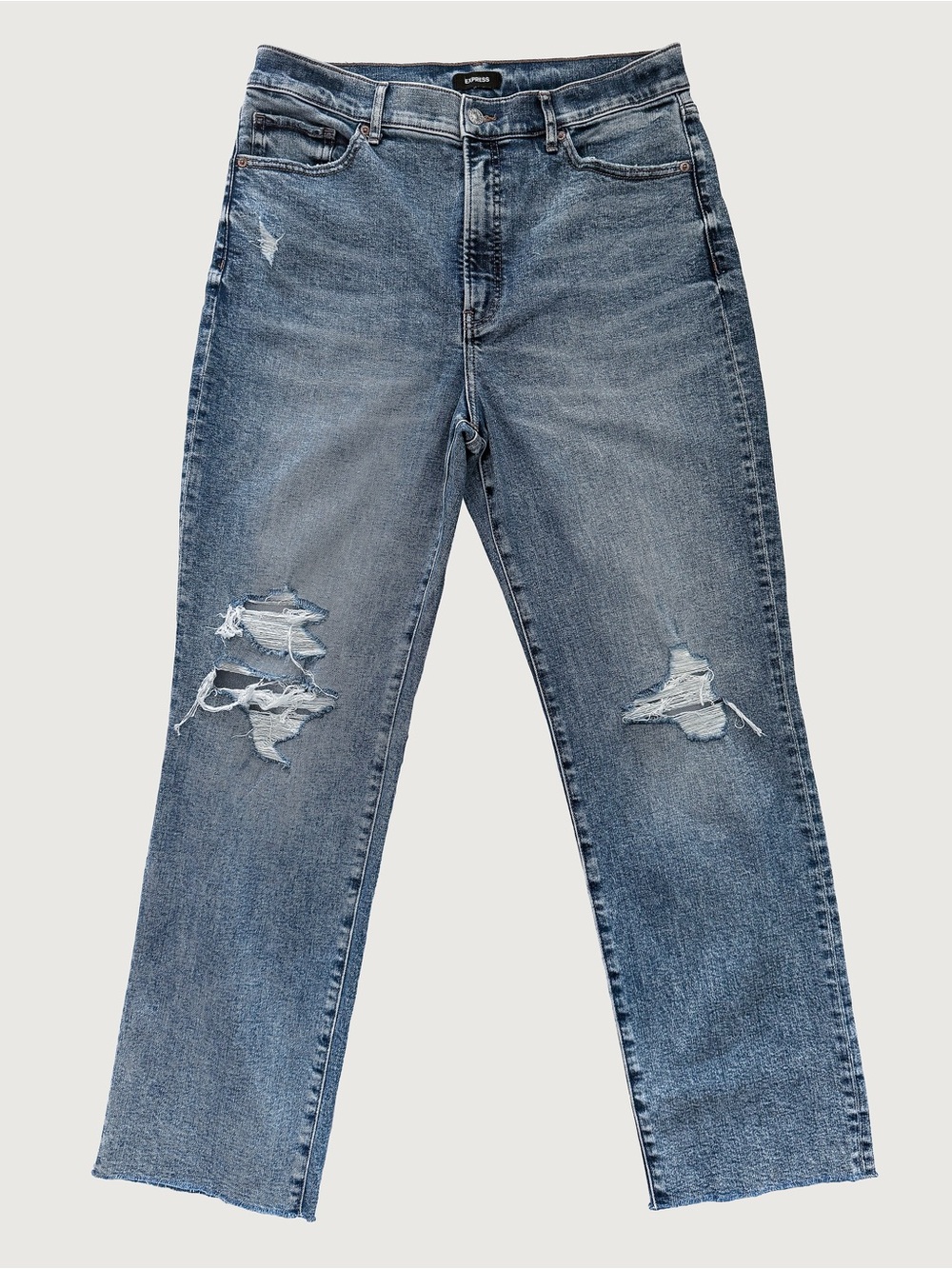 Express Super High Rise Straight Leg Ripped Raw Hem Jeans 12R